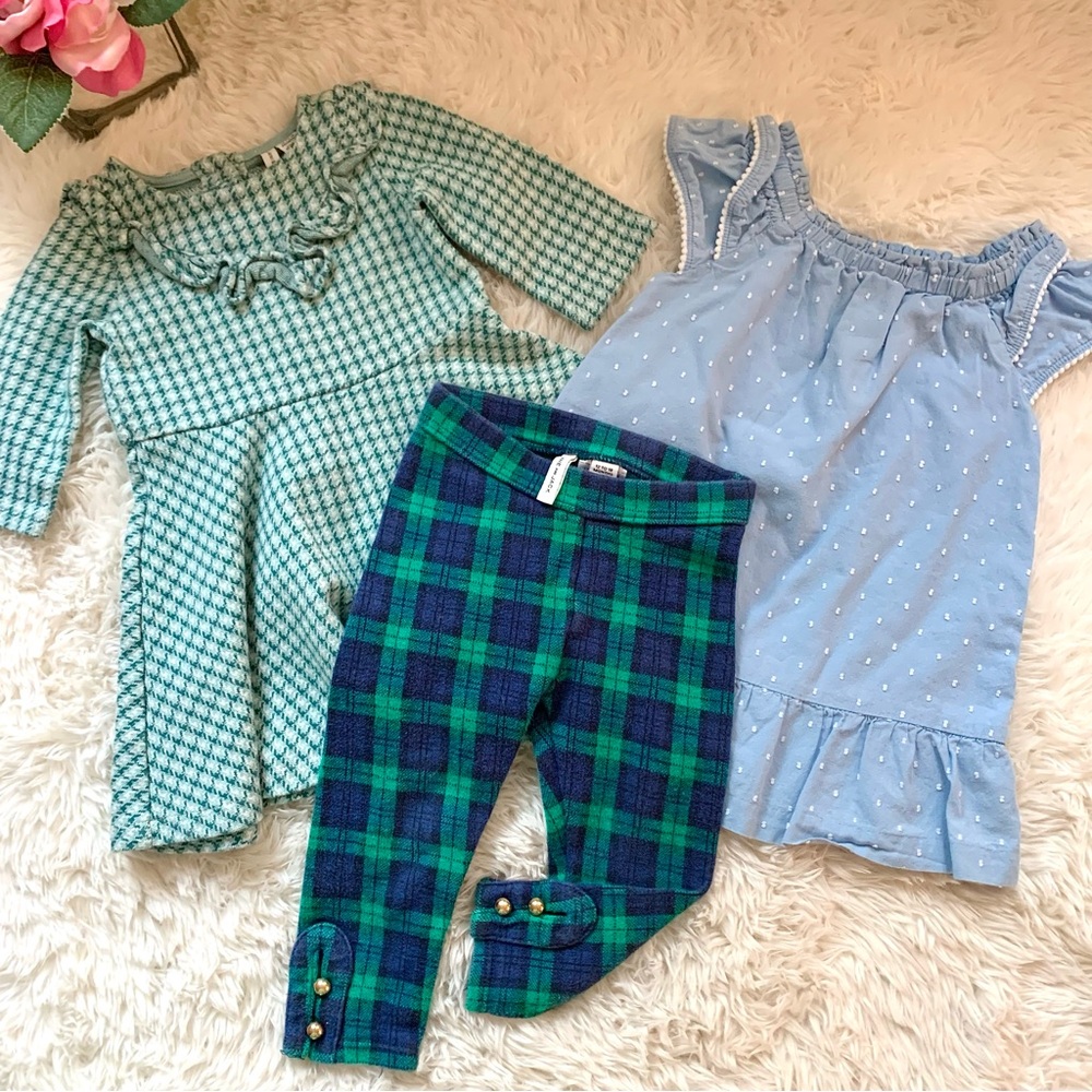 Janie & Jack Bundle of 2 Dresses & 1 pr Leggings 12 - 18M green blue